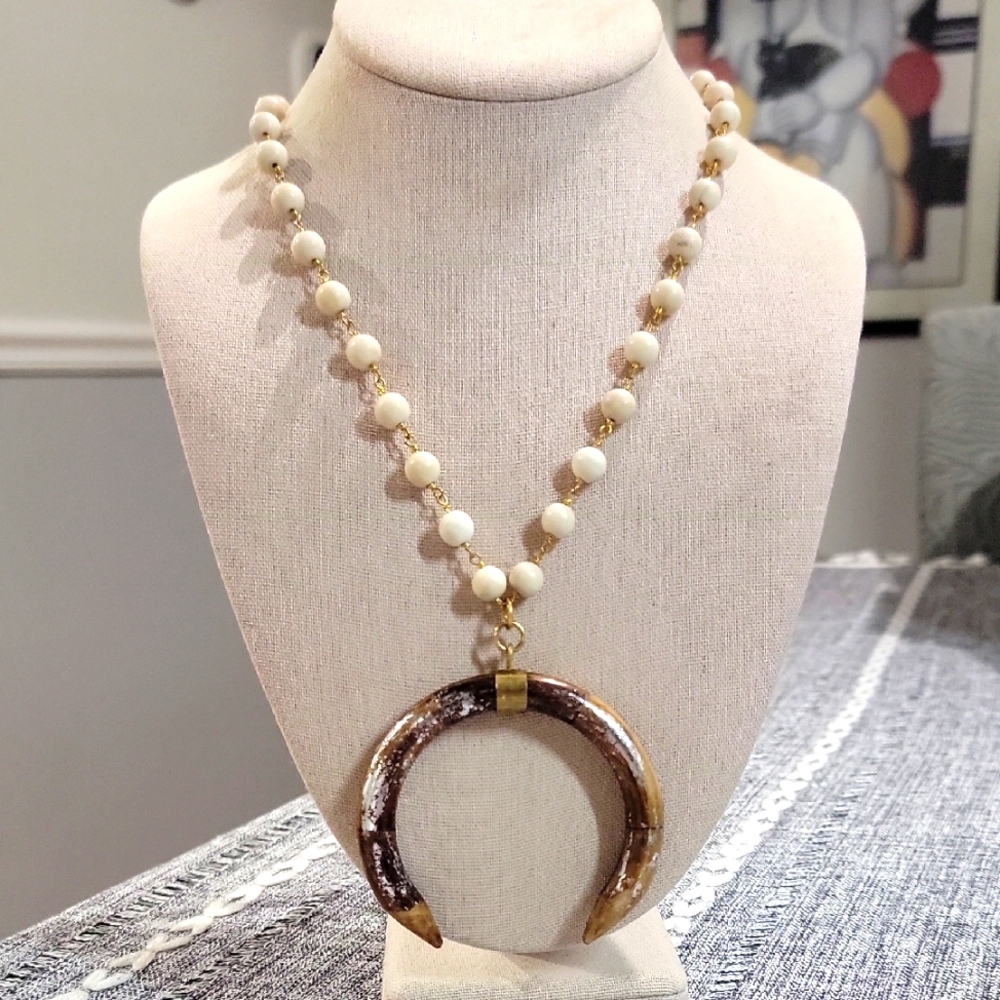 DBD Signature Long Beaded Necklace with wooden antler - Cream 30"